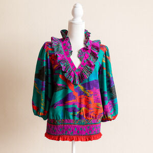 Vintage 1980s Assorti Blouse S Bold Abstract Ruffle Puff Sleeve Smocked Waist